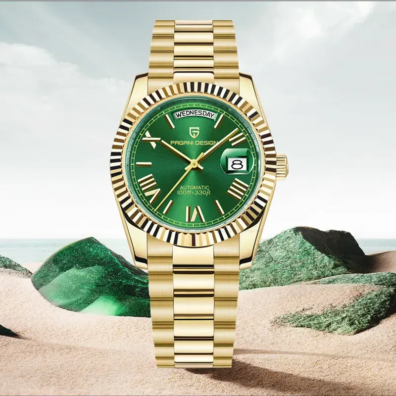 Pagani Design PD-1752 Day-Date Green Dial Gold-tone Men's Watch